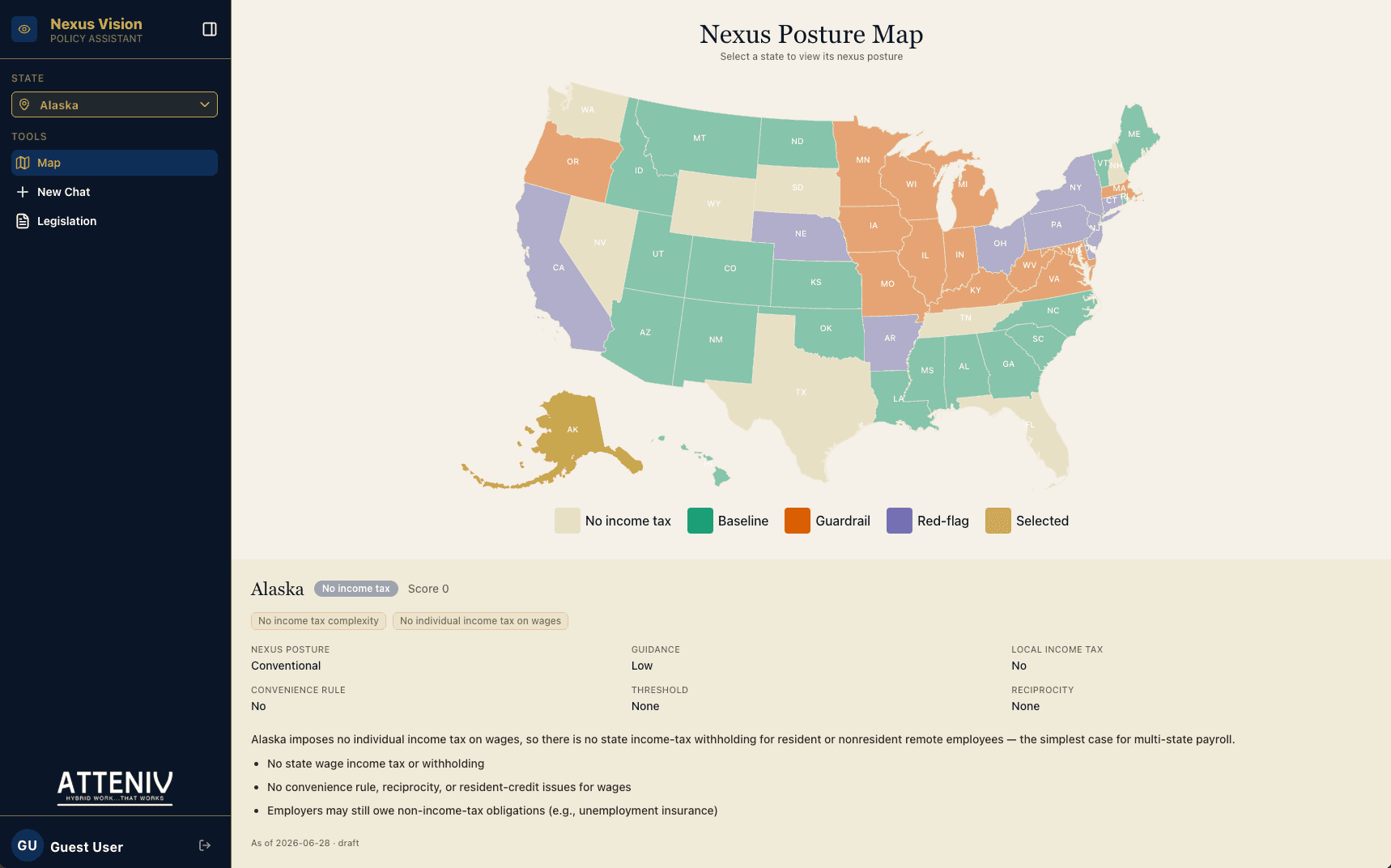Visualize remote-work tax nexus complexity across all 50 states at a glance. Each state is color-coded by risk tier so you can immediately see where your workforce creates the most exposure.